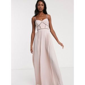 Beautiful, soft pink, cami pleated maxi dress with ladder trim detail.